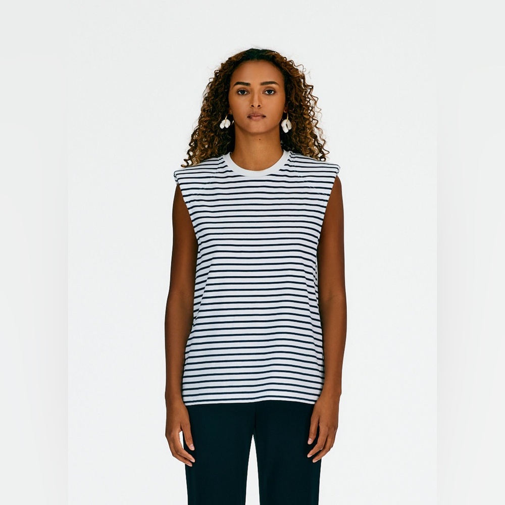 TIBI Striped Padded Shoulder Sleeveless T-Shirt S
